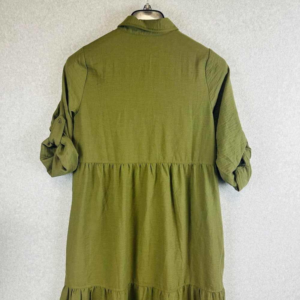 Max Studio London Womans Medium Shirt Midi Dress Roll Tab Green Tier Boho Modest - Picture 7 of 9